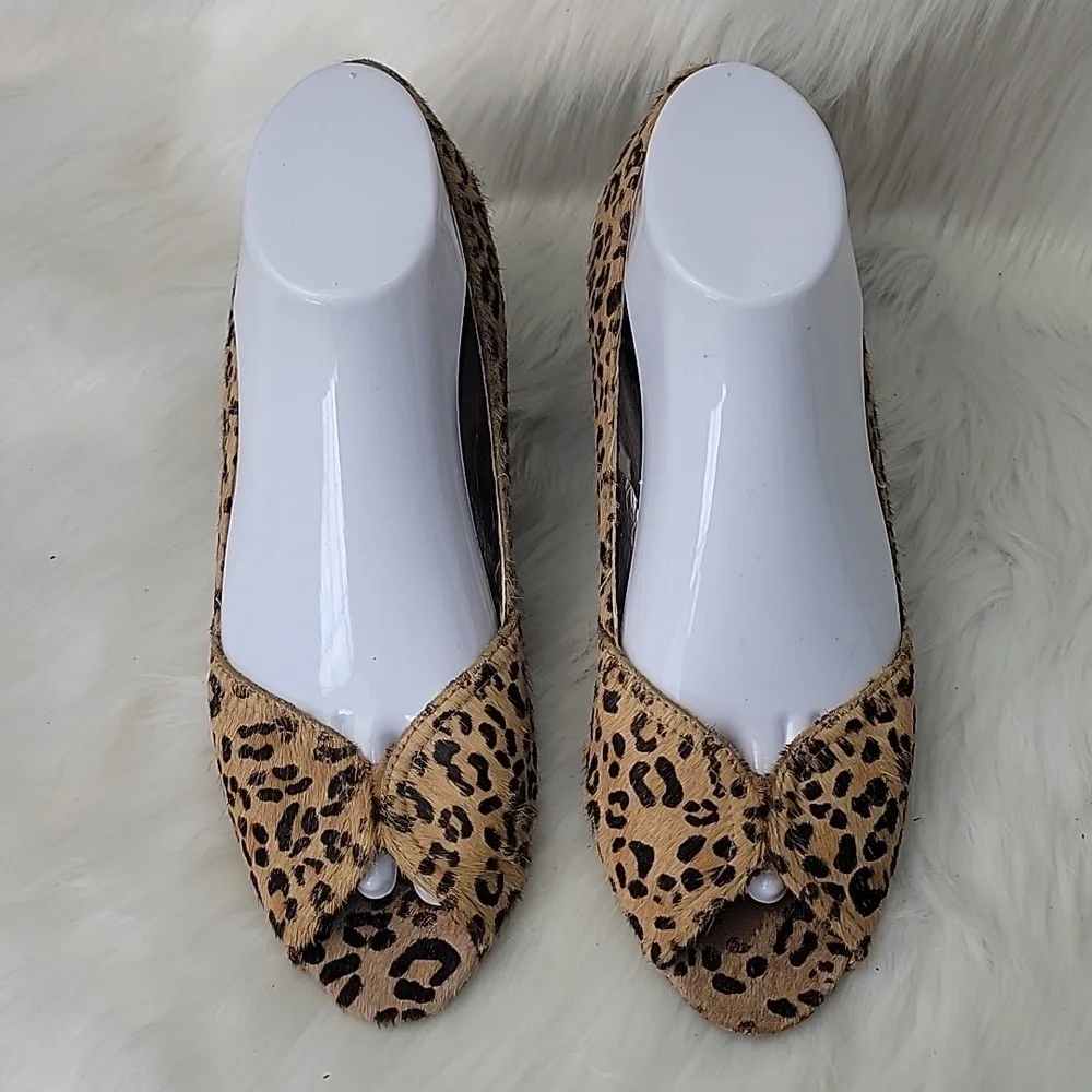 STEVEN STEVE MADDEN Bamba1 Leopard Animal Print Calf Hair Peep Toe Wedge Heels 8